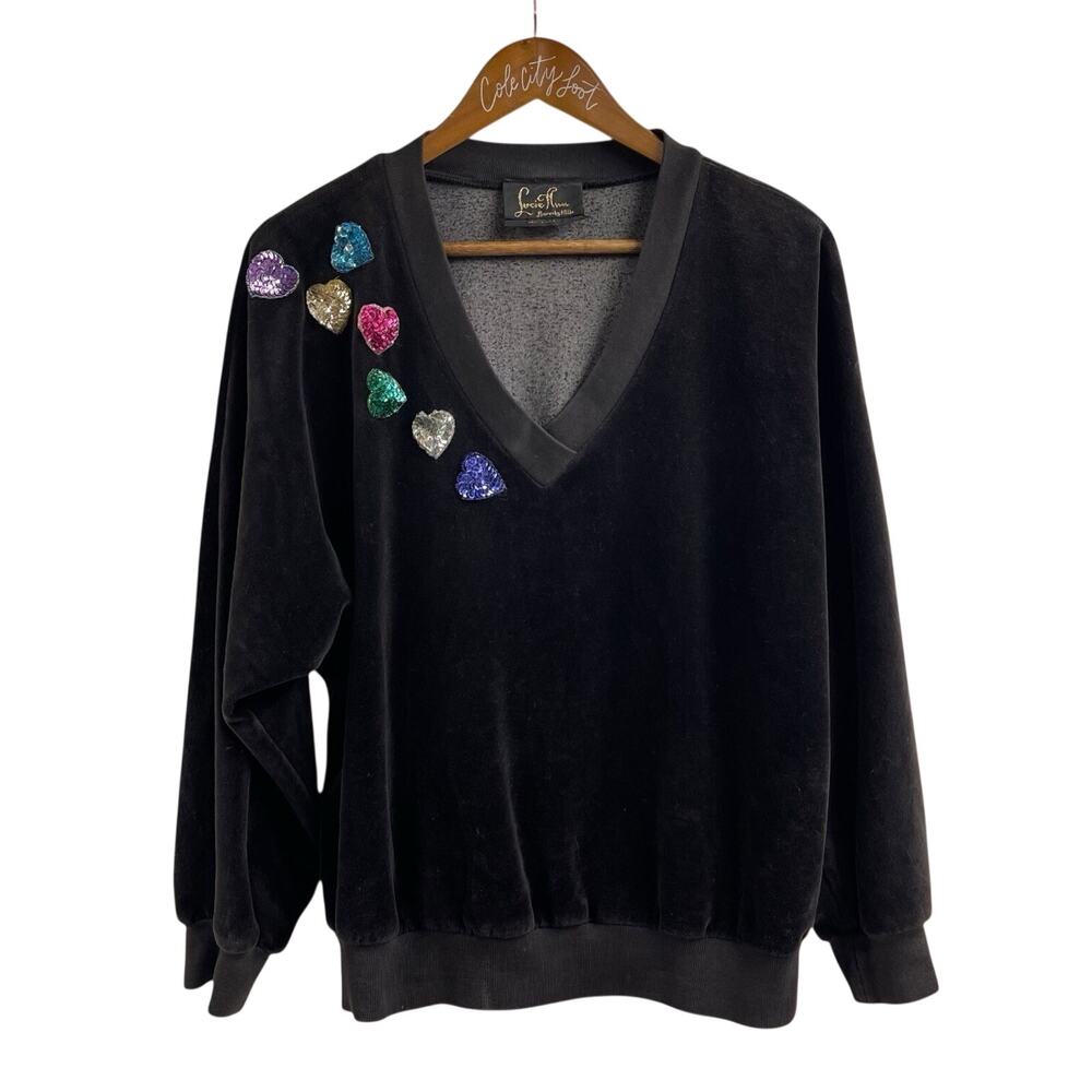 Velvet Sequin Heart Sweater Lucie Ann Beverly Hills Vintage Pullover Medium